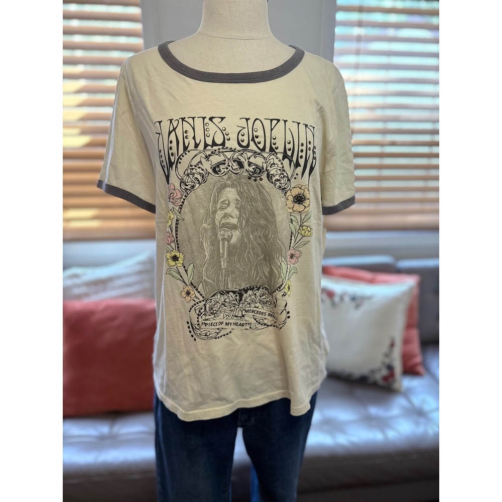 Lucky Brand Janis Joplin Graphic Ringer Tee Cream Grey Size L NEW